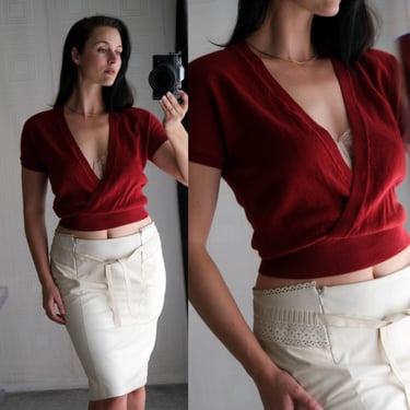 Vintage 90s CALVIN KLEIN COLLECTION Cranberry Cropped Wrap Cashmere Shrug Top | 100% Cashmere | 1990s Designer Cashmere Crop Sweater Blouse 