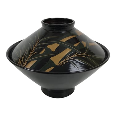 Japanese Lacquer Wood Lidded Bowl Owan Vtg Makie Black Gold Bamboo Plum LB194