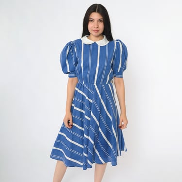 Vintage Striped Puff Sleeve Dress 80s Royal Blue White Peter Pan Collar Midi Dress Dolly High Waisted 1980s Button up Small xs 