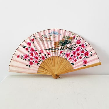 Vintage Japanese Folding Hand Fan Pink Cherry Blossom Mount Fuji Bamboo Art 9