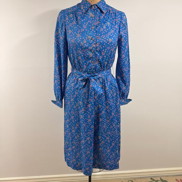 Bright Blue Butterfly Print Shirt Dress - 1980s 