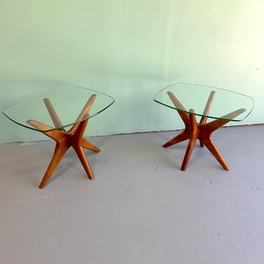 Mid Century Modern End Tables / Adrian Pearsall for Craft Associates Jacks Table / Tripod Walnut Glass / MCM Boho Modern 