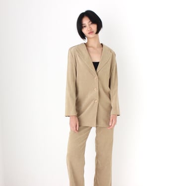 90s Suede Feel Neutral Camel Loose / Relaxed Two Piece / 2 Pc Blazer & Pants Suit 