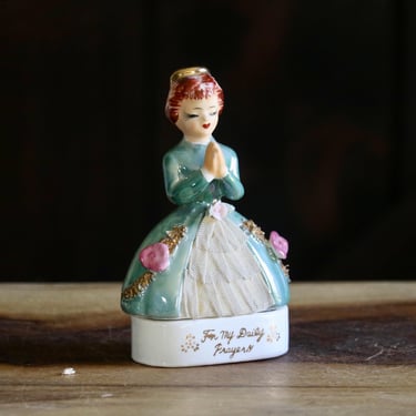 Vintage Rosary Holder Figurine, Religious Dresser Decor, Ceramic Praying Girl Box w Stiff Dresden Lace Petticoat, Collector Gift, Grannycore 