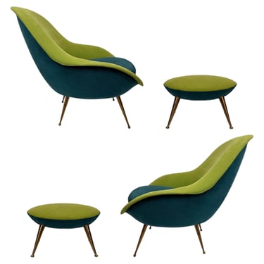 Ico Parisi Italian Lounge Chairs with Matching Ottomans