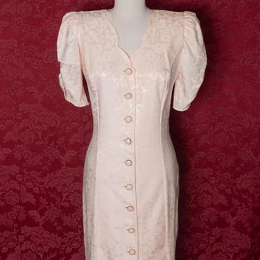 1980s Peachy-Pink Floral Jacquard Button Front Sheath Dress 