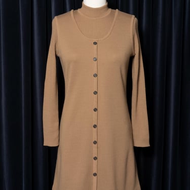 1980s Brown Knit Jumper Attached Ribbed Turtleneck A-Line Dress by Nina Charles For Kasper 