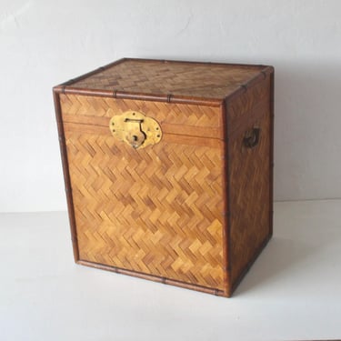Vintage Bamboo Woven Rattan Storage Chest Trunk Brass Hardware Details Lockable Mid-Century 