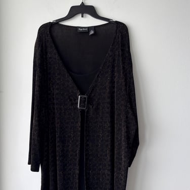 VTG Maggie Barnes Blouse 2fer Belt Black Print Long Sleeve Acetate Slinky Knit Women 3X Art 