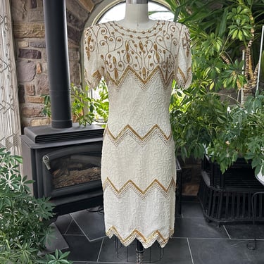 Vintage 1980s Ivory and Gold Beaded Formal Silk Fitted Dress Laurence Kazar 