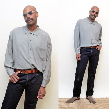 Vintage 90s Y2K Black Label Donna Karan Shirt: Sage Green Rayon Button-Up 