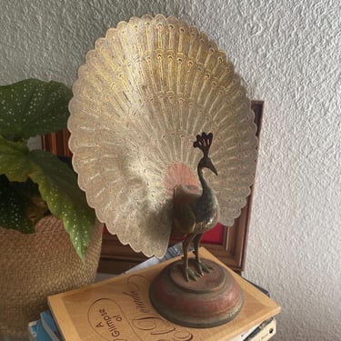 Vintage 1960s Handcrafted Etched Brass Peacock w Lacquered Flared Tail 11” Statue | Mid-Century, Anglo-Indian, Figurine, Bohemian Home Decor 