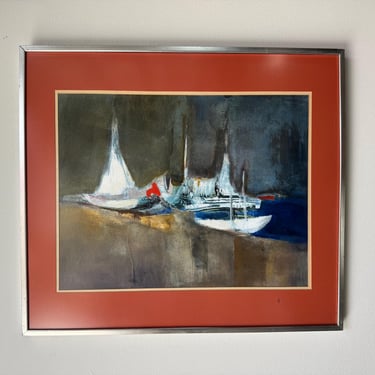 1970’s Vintage Harbor Boats Landscape Oil on Paper Painting, Unsigned 