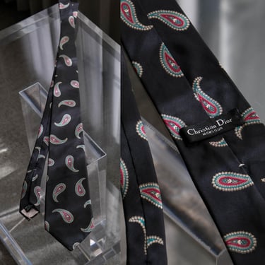 Vintage 70s CHRISTIAN DIOR Monsieur Black Italian Silk Paisley Necktie | Made in USA of Italian Made Silk | 1970s 1980s Designer Suit Tie 