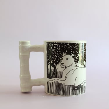 Vintage 80's Lion Mug, Black and White Japan Mug with 