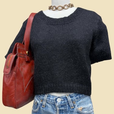 Vintage Cropped Sweater 1990s Retro Womens Size Medium + DEADSTOCK + Cristina + Black + Wool Mohair/Acrylic Mix + Pullover + Crewneck + S/S 