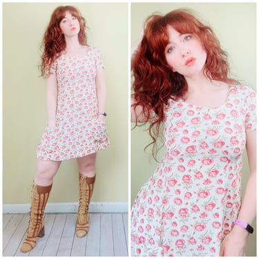 1990s Betsey Johnson Cream Thorny Rose Print Grunge Mini Dress / Small 