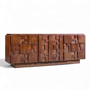 Lane Staccato Brutalist Mid Century Walnut Lowboy Dresser - mcm 