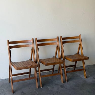 Set of 3 Vintage Modern Folding Wooden Chairs – Sculptural Slat Seat 