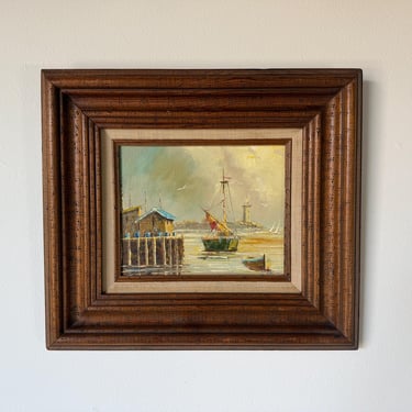 1960s Vintage Coastal Harbor & Lighthouse Oil Painting on Plywood – Framed 