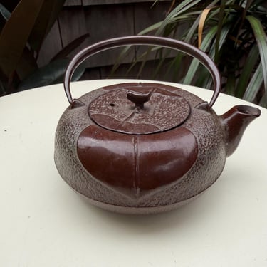 Vintage Japanese Tetsubin Kettle Teapot Leaf Theme Cast Iron Brown No Strainer 
