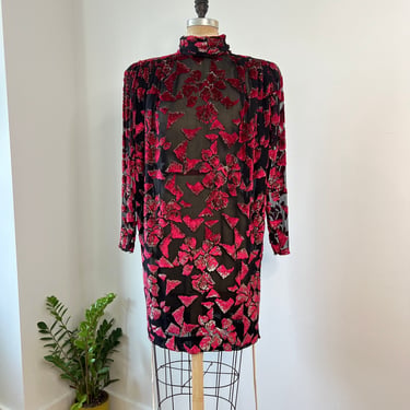 Vintage 1980s L/XL Richilene Floral Velvet Lurex Sheer Shift Dress 