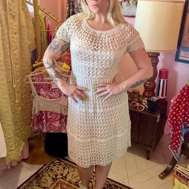 70s Vintage Cream Crochet Dress fits M-L by cherba