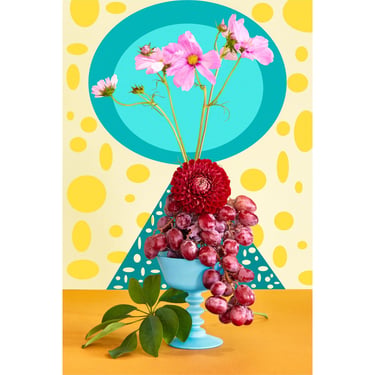 Flowers and Grapes Still Life: Red Dahlia, Grapes, and Pink Flowers Archival Giclée Art 