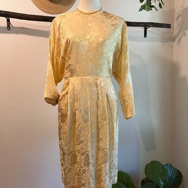 Vintage 1980s Carolyne Barton Silk Rose Floral Long Sleeve Pockets Dress Size 10 