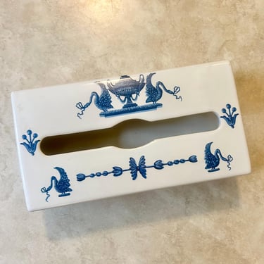 Vintage 1970s Paris France Lamballe Blue White Chinoiserie Birds Porcelain Tissue Holder Box~ wall box mount 