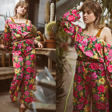 Vintage Jumpsuit, 80s Floral Romper, Off Shoulder Romper, One Piece Women's Clothing, Bold Tropical Suit, Resort Wear, Pants, Long Sleeve 