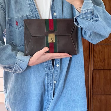 Vtg 80s GUCCI Envelope Clutch, Vintage 80s Clutch Purse Pouch, Sherry Line Brown Leather Designer Purse, Made in Italy 