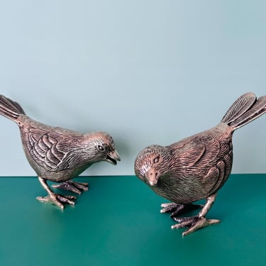Vintage Pair of Silver Tone Cast Metal Bird Figurines - Detailed Perching Birds - Midcentury Inspired Shelf Decor - Nature Lover Gift 