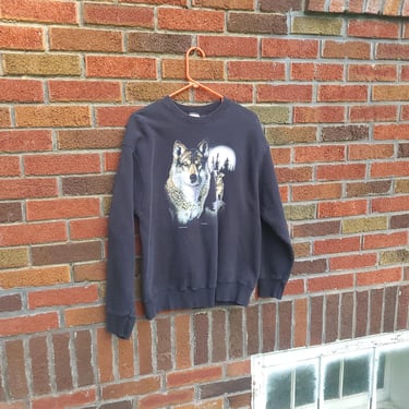 Vintage 1990's Black Fruit of the Loom Graphic Pullover Wolf Sweatshirt / Large 