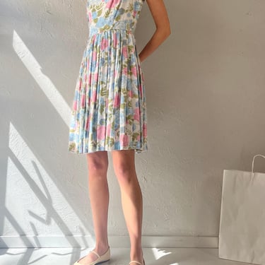 60s Cotton Floral Print A line Spaghetti Strapped Sun Dress / Small 