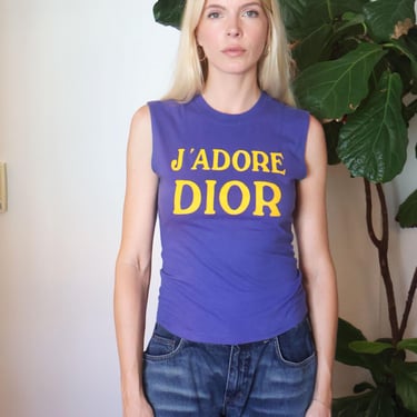 Rare Christian Dior by John Galliano 'J'adore Dior' F/W 2003 Blue + Yellow Muscle Tank Y2K 2000s FR 36 XS S Vintage World Champion 1947 Tee 