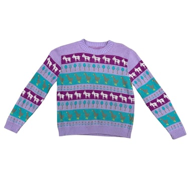 1980s Pastel Purple Striped Farm Motif Sweater / Goats / Ducks / Trees / Flowers / Small / Kawaii / Fairy Kei / Lilac / Petite / YL 