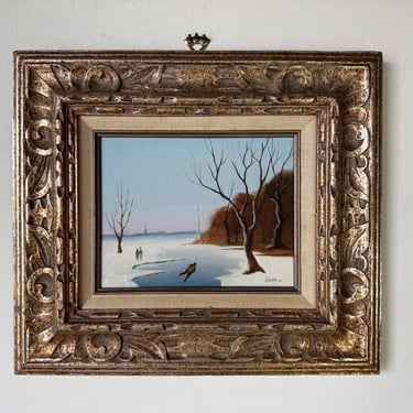 Vintage Realism Impressionist Winter Landscape Oil on Canvas Painting by Jacobi 
