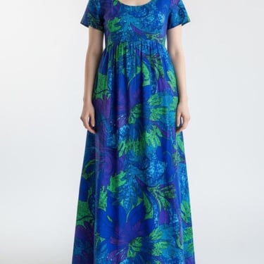 Vintage 1960s Sun Fashions of Hawaii Tropical Psychedelic Blue Floral Maxi Dress 