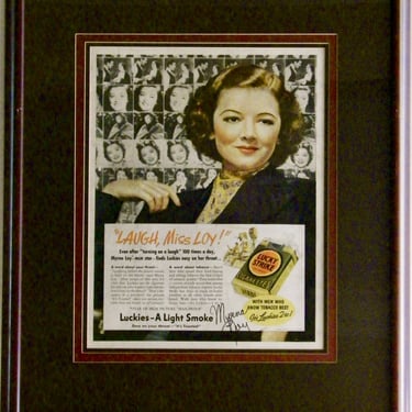 MYRNA LOY Autographed 1937 Lucky Strike Advertisement Vintage Luckies Cigarettes Ad MGM Star Autograph Advertisement Framed Matted 