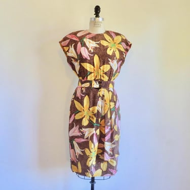 1980's Albert Nipon Boutique Silk Floral Tropical Lily Print Dress Yellow Brown Lily Flowers 80's Spring Summer 28