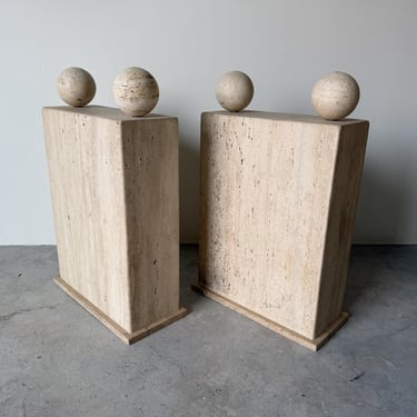 1980’s Postmodern Italian Geometric Travertine Dining Table Base - A Pair 