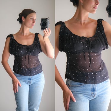 Vintage GUCCI 2002 Tom Ford Era Black & White Micro Polkadot Sheer Silk Blouse | Made in Italy | 100% Silk | UNWORN | Y2K 2000s Designer Top 