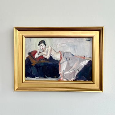 Vintage Oil Painting Portrait Reclining Female Nude 