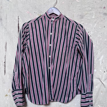 Small 1950s Pink, Black & Gray Cotton Button Down Shirt Long Sleeve Collarless Blouse Pocket Shirt 50s 1960s 60s 