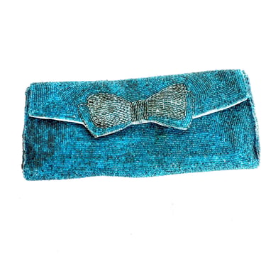 Vintage Blue Beaded Clutch, Delilah Evening Clutch, Hand Made in Japan 