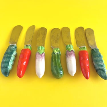 BUTTER CHEESE SPREADERS, Charcuterie Knives, Set of 7,  Ceramic Veggies, Assorted Appetizer Servers, Hostess Gift Retro Entertaining 