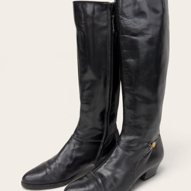 Vintage Salvatore Ferragamo Boots 1980s Retro Womens Size 6B + Preppy + Black Leather  + Gold Metal Hardware + Side Zipper + 1.5