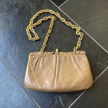 Vintage 1970s Taupe Brown Faux Leather Convertible Clutch Shoulder Bag 