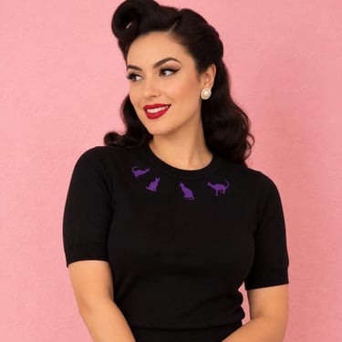 Purple Kitty Sweater Top, Purple Retro Spooky Knit Top, Vintage Inspired Black Cat Knit Top, Embroidered Cat Shirt, Rockabilly Cat Lover Top 
